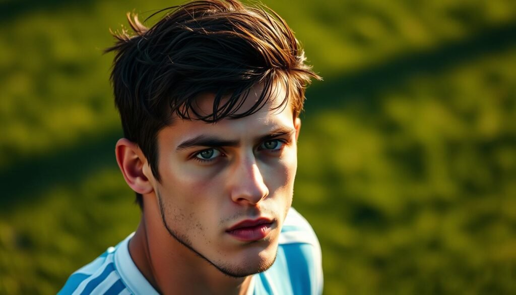 A close-up portrait of Lisandro Martinez, the Argentine professional footballer, standing on a lush, verdant pitch. Capture his intense gaze, his tousled dark hair, and his compact, muscular frame, radiating determination and focus. Utilize soft, warm lighting that accentuates his features, casting dramatic shadows that add depth and dimension to the image. Employ a shallow depth of field to keep the background slightly blurred, directing the viewer's attention solely to the subject. Convey a sense of power, resilience, and technical prowess that has defined Martinez's game, despite his relatively diminutive stature for a professional footballer.