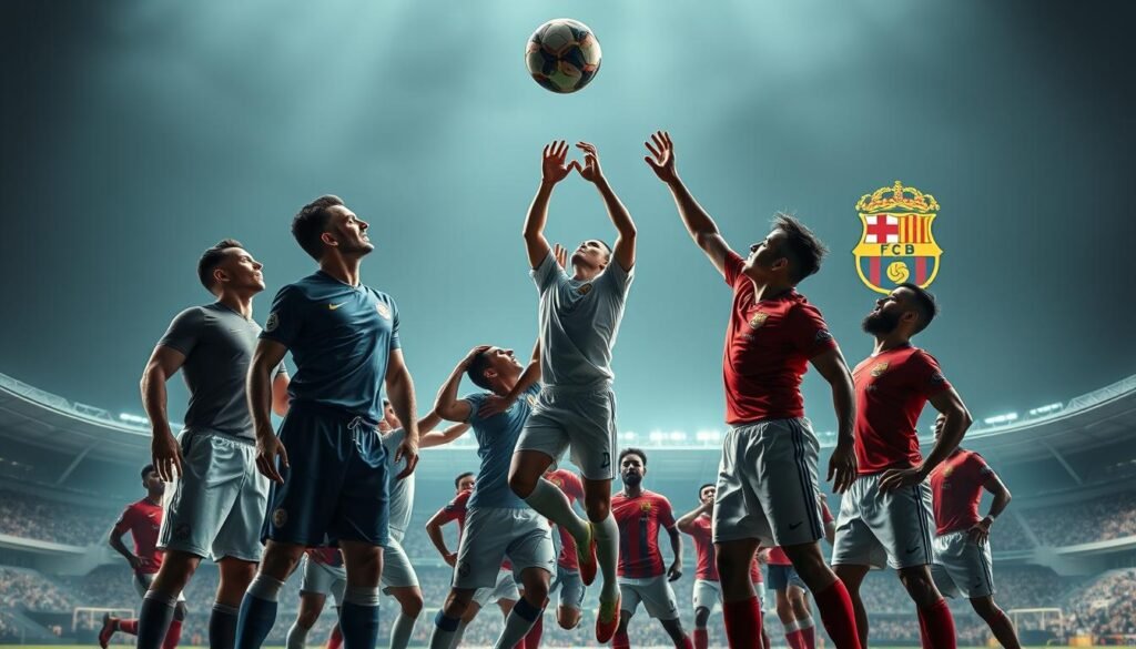 A striking group portrait showcasing the elite defenders of top European clubs. In the foreground, muscular center-backs stand tall, exuding an aura of power and command. Their chiseled physiques, clad in crisp, tailored uniforms, reflect the pinnacle of athleticism. In the middle ground, the defenders engage in aerial battles, their limbs outstretched as they compete for aerial supremacy. The lighting casts dramatic shadows, accentuating the intensity of the moment. In the background, the iconic stadiums and crests of Manchester City, Real Madrid, and Barcelona loom, symbolizing the grandeur and prestige of these elite institutions. An atmosphere of fierce determination and unbridled passion permeates the scene, capturing the essence of the benchmark for elite center-back play.