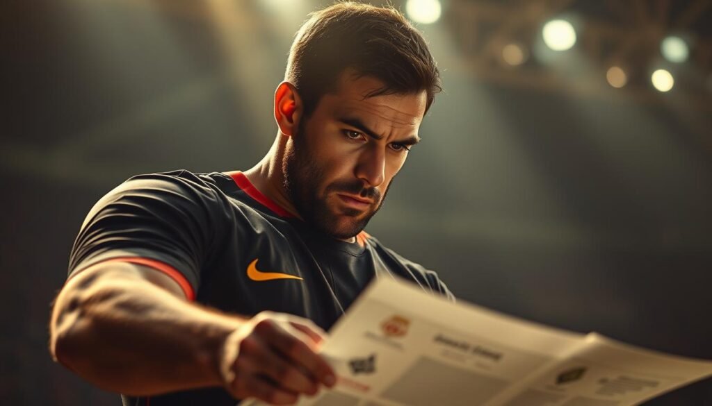 A tall, broad-shouldered soccer player intently studying a game plan or tactics board, his eyes focused and brow furrowed in deep concentration. The lighting is warm and cinematic, creating dramatic shadows that accentuate the player's strong features. The background is slightly blurred, keeping the viewer's attention on the player's intense expression and the tactics he is studying. The angle is slightly low, giving the player an authoritative, commanding presence. The overall mood is one of strategic contemplation and determination, reflecting the section title "Kelebihan Non-Aerial yang Menjaga Tempatmu di Starting XI".