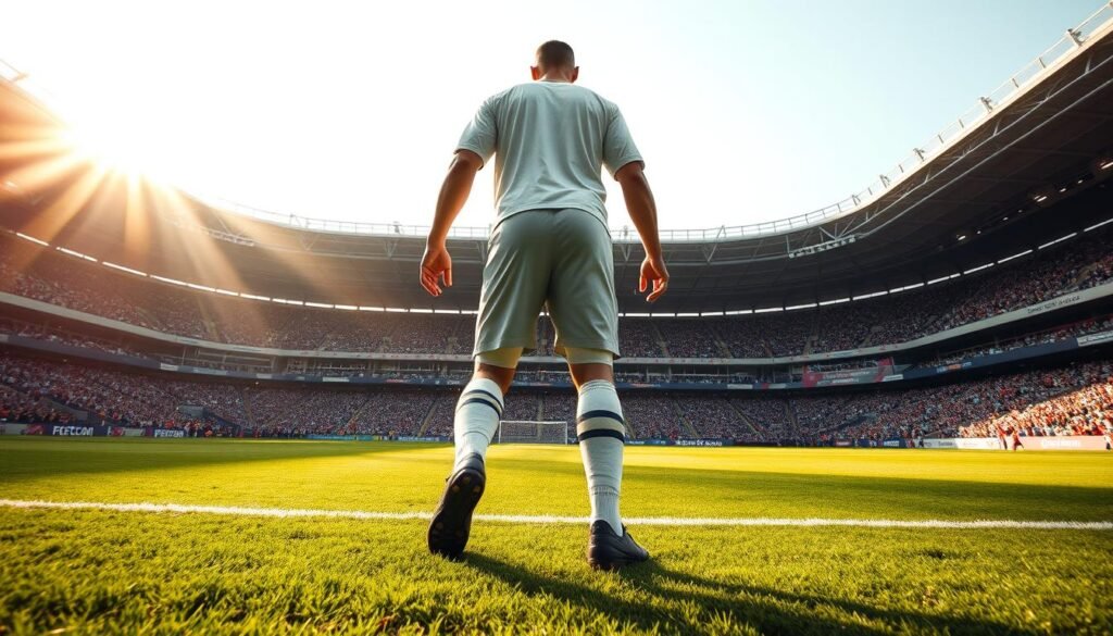 A towering center-back, nearly two meters tall, stands confidently on the pitch. His long, powerful strides effortlessly cover the field, his reach and positioning denying any aerial threat. Sunlight filters through the stadium, casting a warm glow on the scene. The camera angle captures a low perspective, emphasizing the player's imposing presence and dominance over the game. Despite his lack of aerial duels, his positional awareness, anticipation, and ground-based defensive skills shine through, making him an integral part of the team's backline.