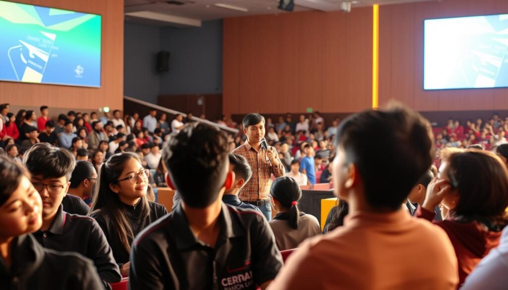 A bustling scene of an exciting "Cerdas Cermat" competition unfolds. In the foreground, a group of students intently answer questions, their faces alight with determination. Mid-ground, an energetic host commands the stage, microphone in hand, guiding the event with enthusiasm. The background reveals a vibrant auditorium, filled with rows of spectators eagerly cheering on the participants. Warm, natural lighting casts a sense of dynamism, capturing the spirit of innovation and intellectual curiosity. The composition is framed to showcase the engaging atmosphere, drawing the viewer into the heart of this stimulating academic challenge.