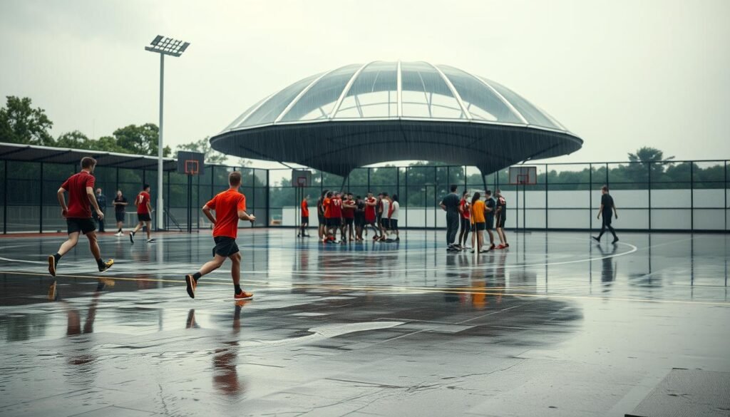 A bustling sports court on a rainy day, with athletes strategizing to overcome the weather's challenges. In the foreground, a determined runner navigates puddles, their footsteps splashing against the glistening surface. The middle ground features a group of teammates huddled, discussing tactics under the shelter of a retractable canopy. In the background, a futuristic domed structure rises, its translucent roof diffusing natural light and shielding the court from the downpour. The scene is illuminated by soft, diffused lighting, capturing the intensity and adaptability of the athletes as they confront the unexpected rainy conditions. A bustling sports court on a rainy day, with athletes strategizing to overcome the weather's challenges. In the foreground, a determined runner navigates puddles, their footsteps splashing against the glistening surface. The middle ground features a group of teammates huddled, discussing tactics under the shelter of a retractable canopy. In the background, a futuristic domed structure rises, its translucent roof diffusing natural light and shielding the court from the downpour. The scene is illuminated by soft, diffused lighting, capturing the intensity and adaptability of the athletes as they confront the unexpected rainy conditions.