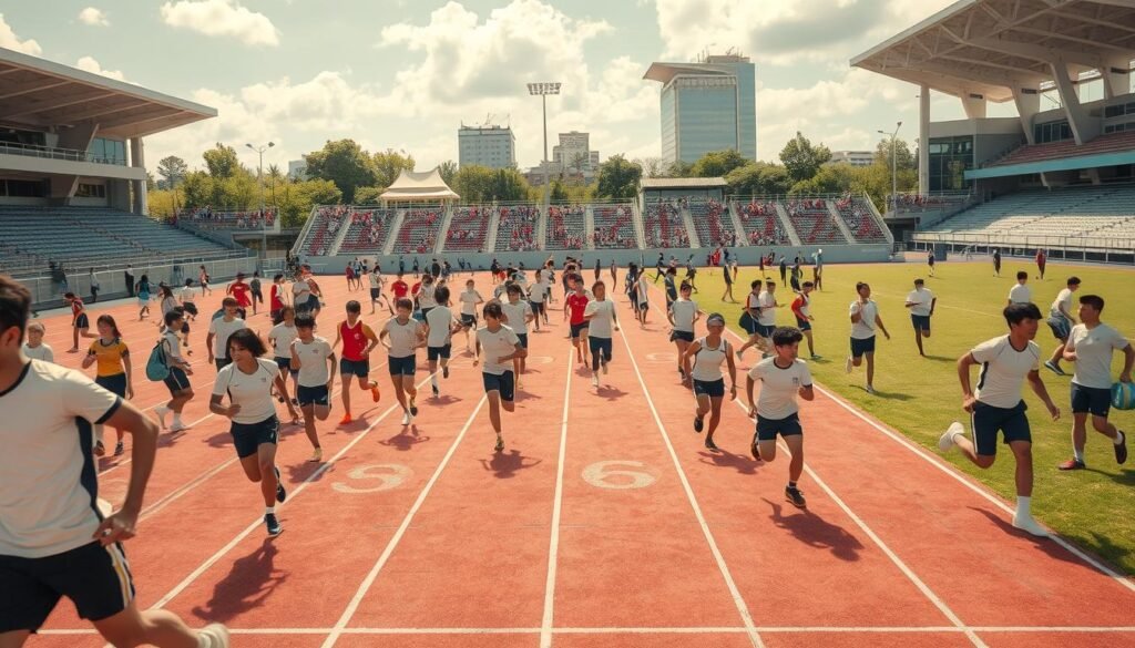 A bustling training ground where Japanese athletes engage in intense daily competitions, capturing the global nature of their pursuit. A sun-drenched field with modern facilities, high-tech equipment, and an array of disciplines being honed - from sprints to weightlifting, team sports to individual feats. The athletes, each in their prime, move with a mesmerizing synchronicity, driven by an unyielding determination to excel. The atmosphere is electric, a palpable sense of focus and camaraderie as they push the boundaries of their physical capabilities. Through this scene, one glimpses the relentless cycle of training, competition, and the drive to maintain peak performance that defines the lives of Japan's top-tier athletes, even as they approach the critical age of 34. A bustling training ground where Japanese athletes engage in intense daily competitions, capturing the global nature of their pursuit. A sun-drenched field with modern facilities, high-tech equipment, and an array of disciplines being honed - from sprints to weightlifting, team sports to individual feats. The athletes, each in their prime, move with a mesmerizing synchronicity, driven by an unyielding determination to excel. The atmosphere is electric, a palpable sense of focus and camaraderie as they push the boundaries of their physical capabilities. Through this scene, one glimpses the relentless cycle of training, competition, and the drive to maintain peak performance that defines the lives of Japan's top-tier athletes, even as they approach the critical age of 34.