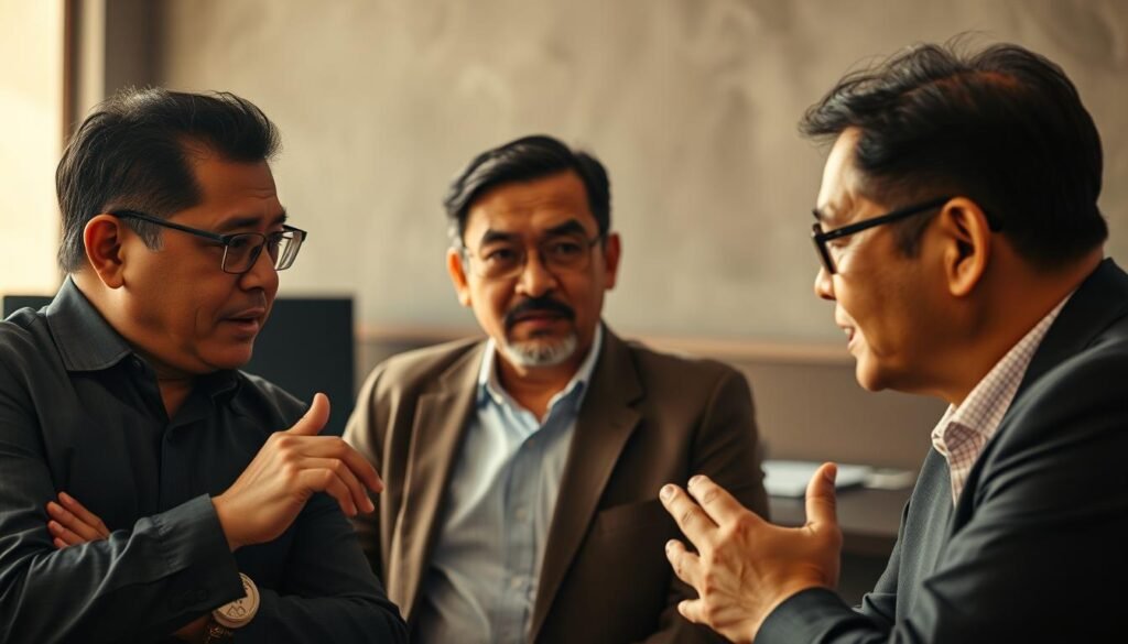 A candid group portrait of two renowned Indonesian football experts, Hamka Hamzah and Supriyono Prima, engaged in an animated discussion. Captured in a warm, natural lighting, the scene conveys a sense of intellectual discourse and thoughtful analysis. The experts are framed in the middle ground, with a blurred, textured background suggesting an indoor setting, perhaps an office or studio. Their facial expressions and body language suggest a lively, engaged exchange of ideas, hinting at the depth and importance of their perspectives on the young coach's unorthodox philosophies.