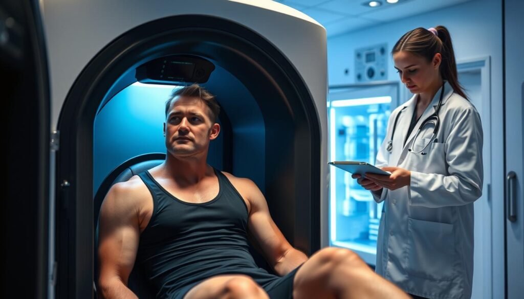 A clinical cryotherapy facility, featuring a sleek cryo chamber in the foreground where an athlete, dressed in professional athletic wear, is being treated. The athlete appears relaxed but slightly apprehensive, showcasing a contemplative emotion reflecting potential side effects. In the middle ground, a healthcare professional in a lab coat monitors the session, taking notes on a clipboard. The background reveals high-tech equipment, soft blue and white lighting creating a soothing yet clinical atmosphere. The angle is slightly elevated to capture both the athlete and the medical professional, emphasizing the seriousness of health considerations. The overall mood is one of innovation balanced by caution, perfectly illustrating safety considerations in cryotherapy. A clinical cryotherapy facility, featuring a sleek cryo chamber in the foreground where an athlete, dressed in professional athletic wear, is being treated. The athlete appears relaxed but slightly apprehensive, showcasing a contemplative emotion reflecting potential side effects. In the middle ground, a healthcare professional in a lab coat monitors the session, taking notes on a clipboard. The background reveals high-tech equipment, soft blue and white lighting creating a soothing yet clinical atmosphere. The angle is slightly elevated to capture both the athlete and the medical professional, emphasizing the seriousness of health considerations. The overall mood is one of innovation balanced by caution, perfectly illustrating safety considerations in cryotherapy.