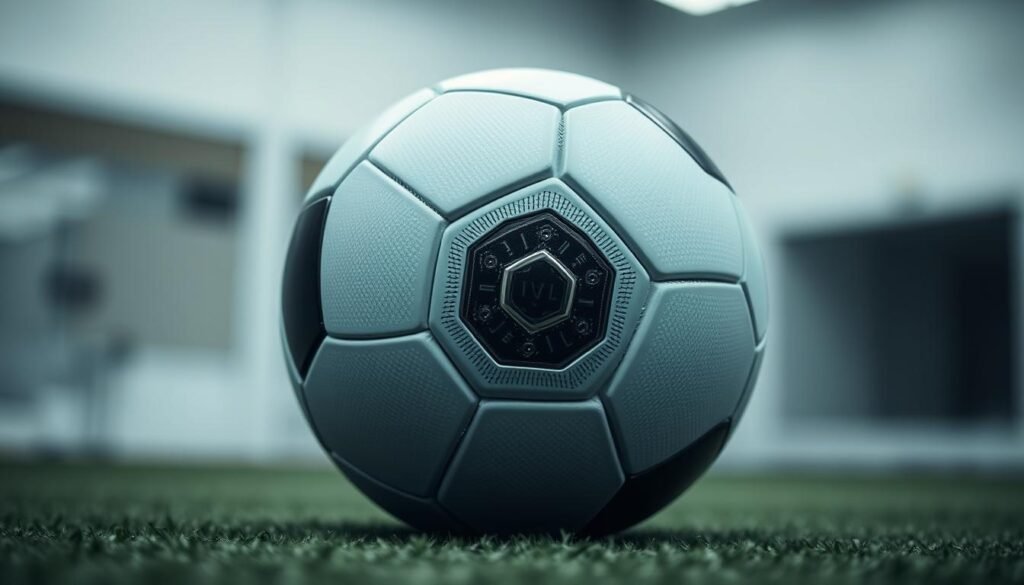 A close-up view of a modern soccer ball, showcasing the advanced pressure sensors embedded within. The ball appears sleek and high-tech, its surface textured with a matte finish. Soft, even lighting illuminates the details, emphasizing the intricate inner workings that enable real-time tracking and analysis. In the background, a blurred, minimalist backdrop suggests a laboratory or research facility, hinting at the scientific processes behind this cutting-edge technology. The composition focuses on the ball, creating a sense of importance and innovation, perfectly capturing the essence of "VAR 3.0" and its enhanced precision and efficiency compared to previous iterations.
