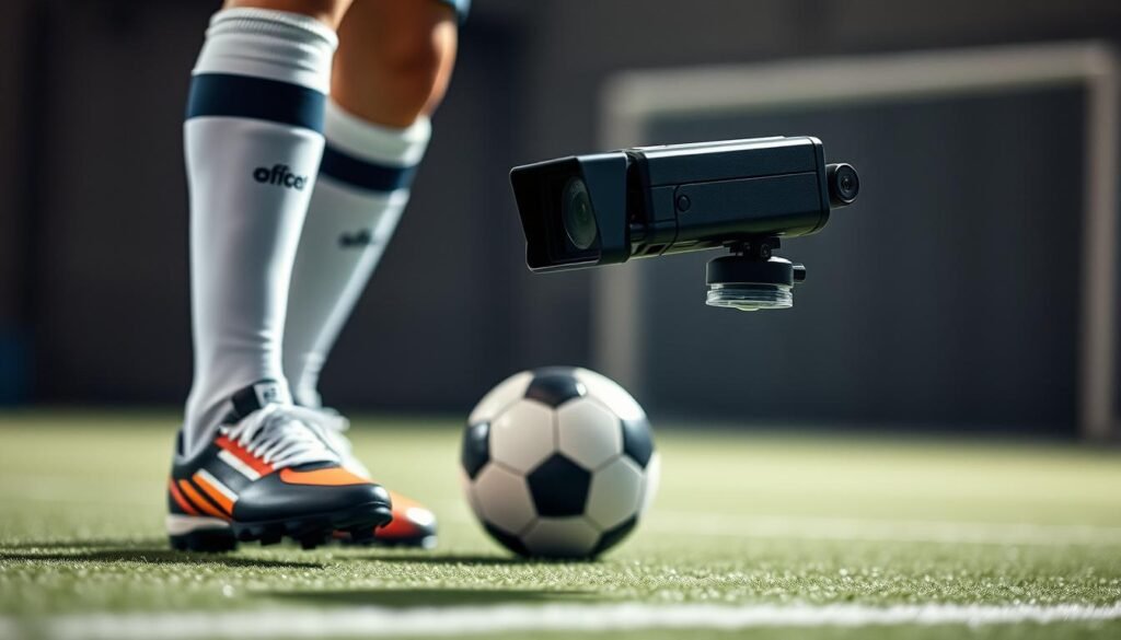 A close-up view of a soccer player's legs and feet, with a high-tech camera system mounted on a robotic arm positioned in the foreground. The camera is capturing detailed data from the player's body movements and the ball's position, with a soft, diffused lighting illuminating the scene. The background is blurred, keeping the focus on the technical equipment and its integration with the player's actions. The overall mood is one of advanced sports technology enabling real-time, precise offside detection.