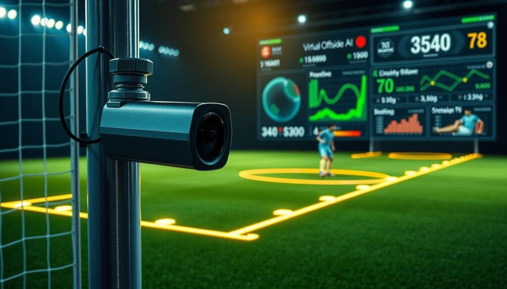 A detailed, high-tech image of a state-of-the-art virtual offside sensor system. In the foreground, a sleek, compact camera unit with advanced optics, sensors, and AI processing components, mounted on a modern soccer goal post. The middle ground shows the virtual offside line projected onto the field, a glowing 3D plane with precise tracking markers. In the background, a data visualization dashboard displaying real-time player and ball positions, offside detection, and decision timestamps. Dramatic lighting and angles emphasize the sophisticated, futuristic nature of this cutting-edge sports technology.