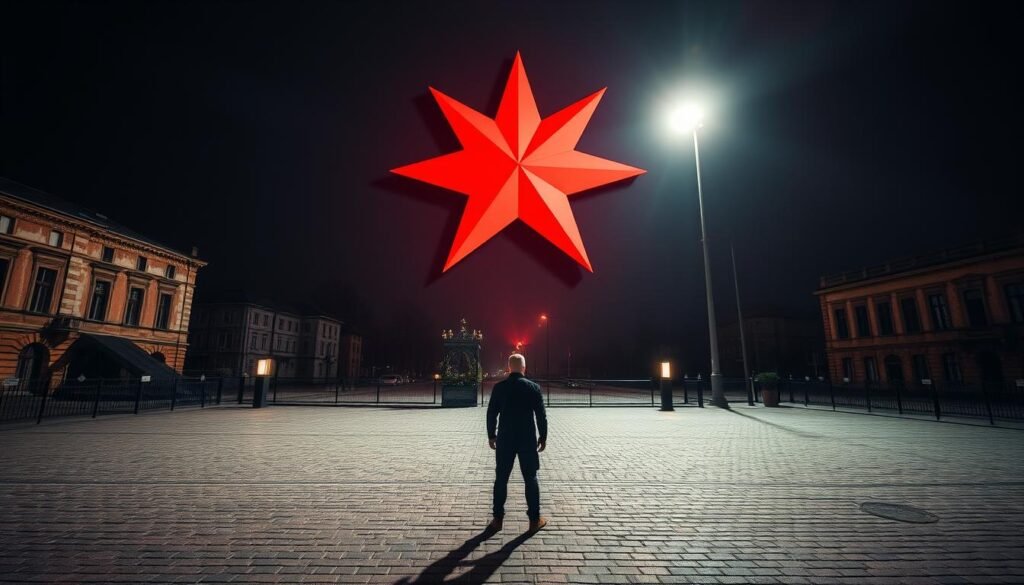 A dramatic red star emblazoned on a majestic night sky, bathed in a warm glow from a distant streetlight. The star's points are sharp and precise, casting long shadows across a weathered, cobblestone square. In the foreground, a solitary figure stands resolute, gazing up at the iconic symbol with a sense of reverence and determination. The air is crisp and still, heightening the gravity of the moment. Hints of crumbling facades and iron fences in the middle ground suggest an Eastern European setting, evoking the history and resilience of the Red Star Belgrade club. The overall atmosphere is one of reverence, nostalgia, and unwavering spirit.