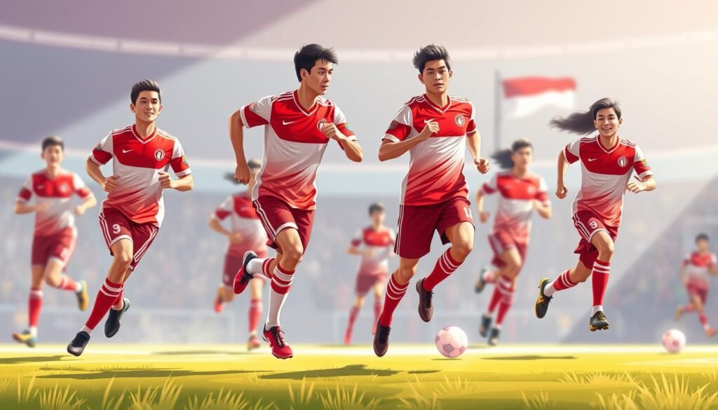 A dynamic and vibrant illustration of the Indonesian national football team, the Timnas Indonesia, showcasing their spirit, skill, and determination. The scene depicts the players in action, their uniforms adorned with the iconic red and white colors of the Indonesian flag. The players are captured in mid-motion, their movements conveying a sense of energy and athleticism. The composition features a clean, well-lit field, with the background subtly blurred to maintain the focus on the players. The lighting is natural and warm, casting a sense of optimism and pride. The overall atmosphere is one of excitement and anticipation, reflecting the high hopes and aspirations of the Indonesian football community.