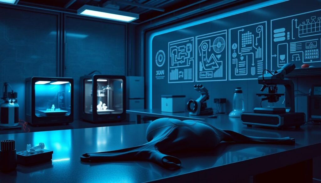 A futuristic sports technology laboratory, dimly lit with cool blue hues. Sleek, form-fitting athletic wear made of innovative, moisture-wicking materials lies on a high-tech workbench. Nearby, a 3D printer whirs, creating custom-designed sports equipment. The walls are adorned with technical diagrams and prototypes, hinting at the next generation of advanced athletic gear. A sense of innovation and possibility fills the air, as researchers scrutinize material samples under microscopes, searching for the perfect blend of durability, flexibility, and performance enhancement. The scene conveys a forward-thinking vision for the future of sports technology. A futuristic sports technology laboratory, dimly lit with cool blue hues. Sleek, form-fitting athletic wear made of innovative, moisture-wicking materials lies on a high-tech workbench. Nearby, a 3D printer whirs, creating custom-designed sports equipment. The walls are adorned with technical diagrams and prototypes, hinting at the next generation of advanced athletic gear. A sense of innovation and possibility fills the air, as researchers scrutinize material samples under microscopes, searching for the perfect blend of durability, flexibility, and performance enhancement. The scene conveys a forward-thinking vision for the future of sports technology.