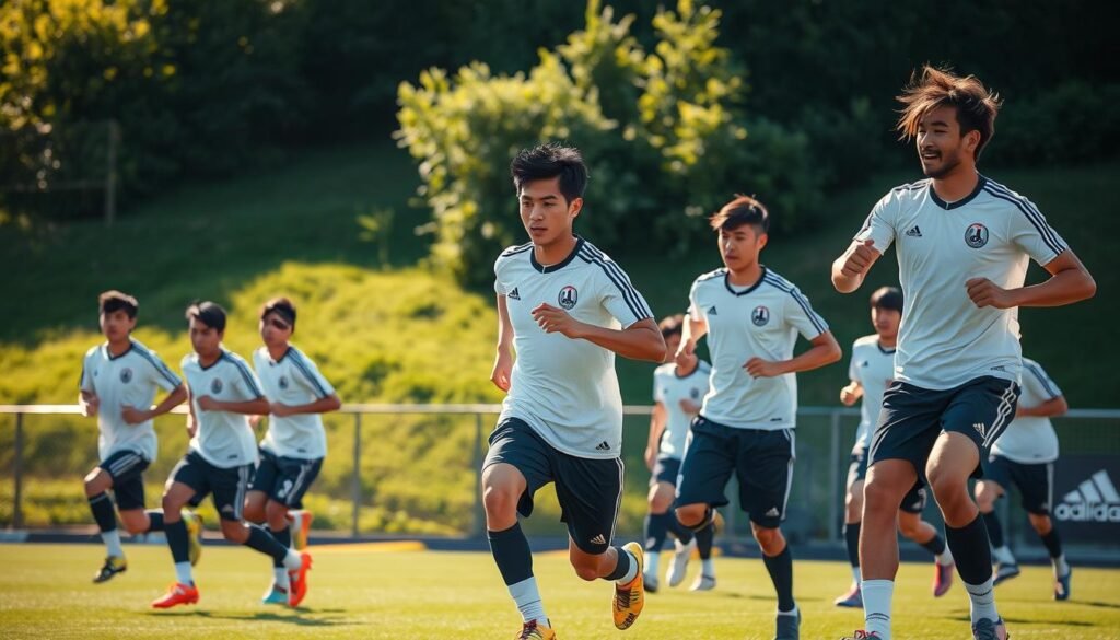 A group of professional Japanese soccer players engaged in a dynamic training session on a well-manicured pitch. The players move with precision and focus, their athletic builds and youthful vigor on full display under the warm glow of the afternoon sun. The scene exudes an aura of discipline, teamwork, and the pursuit of physical excellence that defines the pinnacle of Japanese soccer. Crisp, high-contrast lighting accentuates the players' muscular forms and the lush, verdant background, creating a visually striking and inspiring image that captures the essence of Japanese athletic prowess. A group of professional Japanese soccer players engaged in a dynamic training session on a well-manicured pitch. The players move with precision and focus, their athletic builds and youthful vigor on full display under the warm glow of the afternoon sun. The scene exudes an aura of discipline, teamwork, and the pursuit of physical excellence that defines the pinnacle of Japanese soccer. Crisp, high-contrast lighting accentuates the players' muscular forms and the lush, verdant background, creating a visually striking and inspiring image that captures the essence of Japanese athletic prowess.