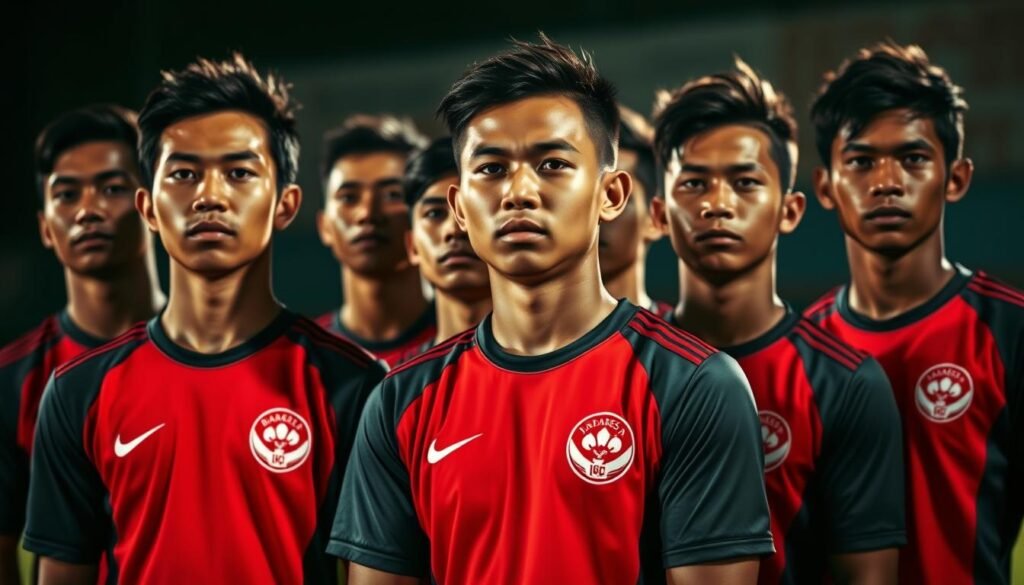 A group of young, athletic Indonesian national football team players, standing tall and proud, their uniforms crisp and vibrant. Their expressions are focused, determined, reflecting the weight of responsibility on their shoulders. The lighting is dramatic, casting shadows that accentuate their muscular builds and the intensity of their gaze. The camera angle is slightly elevated, giving a sense of authority and command. The background is blurred, keeping the attention on the players and their collective presence, representing the future of Indonesian football and the promise of a new generation.