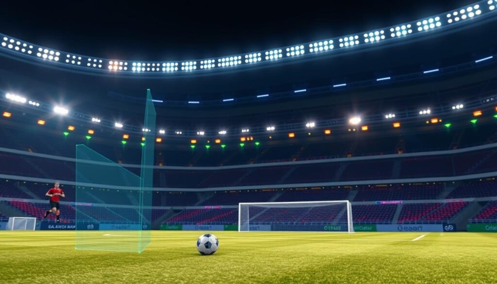 A high-tech soccer stadium at night, with state-of-the-art sensor technology and a sleek, semi-automated offside system. In the foreground, a player dribbling the ball is highlighted by precise, real-time tracking data, indicating a potential offside situation. The middleground features the virtual offside line, rendered with crisp, 3D-like clarity, overlaid on the pitch. The background showcases the stadium's futuristic architecture, illuminated by dynamic, colorful lighting that creates an atmosphere of technological innovation and athletic prowess. The image conveys the seamless integration of advanced AI and sensor systems to enhance the officiating and flow of the game, as the future of soccer unfolds.