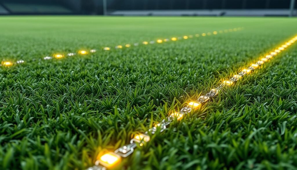 A high-tech sports field comes alive, with a hybrid grass surface that seamlessly integrates a sophisticated collision detection system. Delicate sensors embedded within the blades monitor impacts, analyzing force and direction to identify potential injuries. Soft LED lights trace the contours of the field, casting a warm glow that accentuates the intricate webwork of wires and circuits interwoven with the resilient turf. The scene radiates a sense of technological innovation, where the natural and digital realms converge to safeguard the well-being of athletes. Crisp, realistic lighting and a slightly elevated camera angle capture the field in all its futuristic glory, inviting the viewer to marvel at this innovative sports technology.