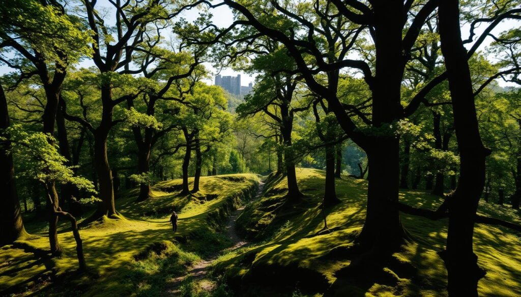A lush, sprawling forest in the heart of Nottingham, England. Towering oak and elm trees cast dramatic shadows across the winding paths below. Sunlight filters through the canopy, illuminating the vibrant green foliage and mossy ground cover. In the distance, the imposing silhouette of Nottingham Castle looms, a reminder of the rich history that permeates this enchanting landscape. The air is crisp and clean, infusing the scene with a sense of timelessness. A lone figure, perhaps a local forester or wandering adventurer, emerges from the trees, adding a touch of human scale and exploration to the majestic, otherworldly setting. This is the verdant, legendary backdrop for the improbable rise of Nottingham Forest, where an underdog team under the visionary guidance of Brian Clough would conquer the heights of European football.