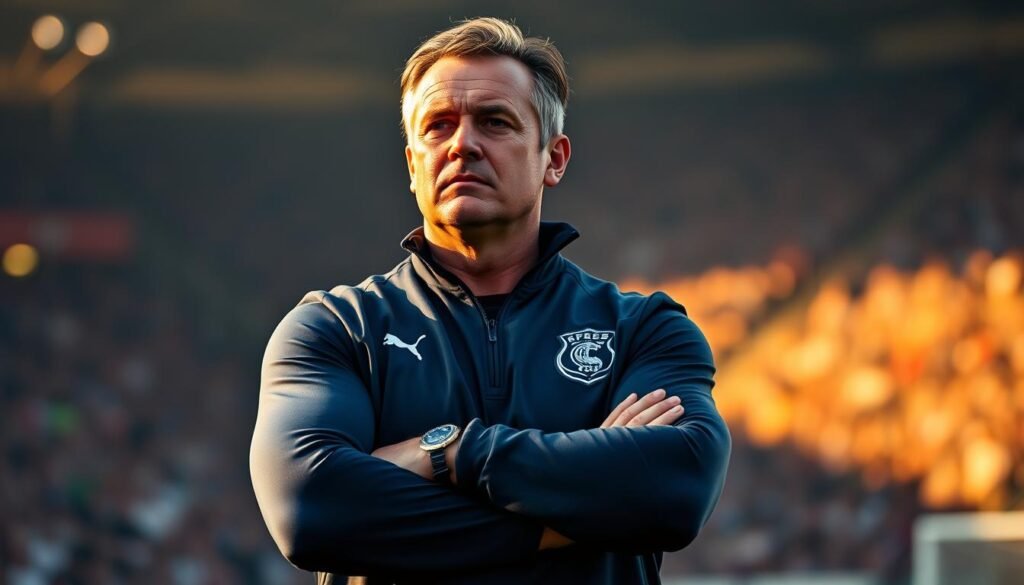 A muscular, experienced coach standing in a soccer stadium, his gaze stern and focused. He wears a navy blue tracksuit with the team's logo, his arms crossed as he intently observes his players on the pitch. The lighting is warm and golden, casting dynamic shadows that accentuate the coach's confident posture. The background is blurred, drawing the viewer's attention to the central figure, whose expression exudes a blend of authority, experience, and unwavering commitment to his team's success. The overall atmosphere conveys the weight of responsibility and the high-stakes nature of elite-level coaching. A muscular, experienced coach standing in a soccer stadium, his gaze stern and focused. He wears a navy blue tracksuit with the team's logo, his arms crossed as he intently observes his players on the pitch. The lighting is warm and golden, casting dynamic shadows that accentuate the coach's confident posture. The background is blurred, drawing the viewer's attention to the central figure, whose expression exudes a blend of authority, experience, and unwavering commitment to his team's success. The overall atmosphere conveys the weight of responsibility and the high-stakes nature of elite-level coaching.