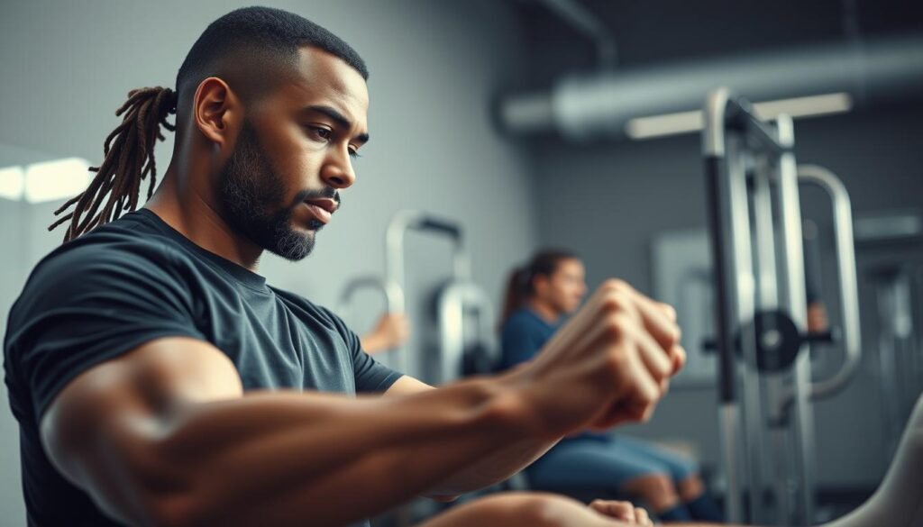 A professional athlete undergoes rehabilitation for an ACL injury, as seen in a focused, close-up shot. The athlete is diligently performing exercises to regain strength and mobility, their face exhibiting determination. The scene is set in a well-equipped physical therapy clinic, with clean, modern equipment and subtle natural lighting filtering in. The atmosphere conveys a sense of resilience, hard work, and the patient's unwavering commitment to their recovery, reflecting the triumph over adversity portrayed in the article's subject.