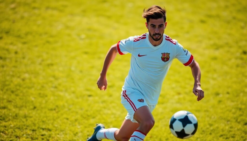 A professional soccer player in a dynamic pose, running with the ball on a lush, green field. The player's uniform is crisp and the team colors are vibrant. Bright, warm sunlight casts shadows that add depth and dimension to the scene. The player's face is determined, eyes focused on the goal. The background is slightly blurred, emphasizing the player's momentum and the intensity of the moment. The camera angle is slightly elevated, giving a sense of power and control. The overall atmosphere conveys the player's transition from limited playing time to becoming the team's captain, a story of perseverance and growth.