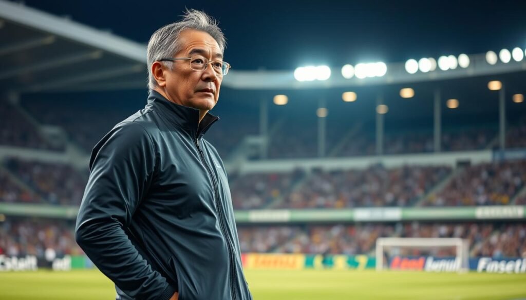 A seasoned Japanese soccer coach, dressed in a sleek tracksuit, stands confidently on the sidelines. His experienced gaze surveys the field, his body language exuding authority and attention to detail. The stadium's floodlights cast a warm, focused glow, illuminating the coach's determined expression as he directs his players. The scene conveys a sense of meticulous preparation, tactical acumen, and the mentor's pivotal role in shaping the team's performance and success. A seasoned Japanese soccer coach, dressed in a sleek tracksuit, stands confidently on the sidelines. His experienced gaze surveys the field, his body language exuding authority and attention to detail. The stadium's floodlights cast a warm, focused glow, illuminating the coach's determined expression as he directs his players. The scene conveys a sense of meticulous preparation, tactical acumen, and the mentor's pivotal role in shaping the team's performance and success.