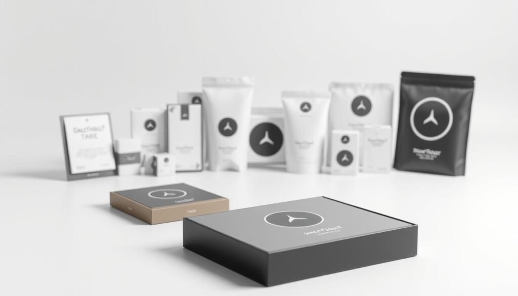 A sleek, modern packaging design for a high-quality consumer product. In the foreground, a crisp, clean box with sharp edges and a minimal, monochromatic color scheme, showcasing the product within. The lighting is soft and directional, creating subtle shadows and highlights that accentuate the packaging's form and texture. In the middle ground, a selection of complementary packaging elements like labels, tags, and seals, all adhering to a cohesive visual identity. The background is a simple, light-colored studio setup, allowing the packaging to take center stage. The overall mood is one of sophistication, quality, and attention to detail, reflecting the premium nature of the product.