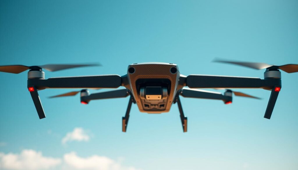 A stable drone hovering effortlessly in mid-air, its sleek carbon-fiber frame poised gracefully against a backdrop of azure skies. Sunlight dapples its surface, accentuating the intricate interlocking components that enable precise, unwavering flight. The drone's gyroscopic stabilization systems work in harmony, adjusting its position imperceptibly to counteract gusts of wind, maintaining a steady, level platform. A wide-angle lens captures the drone's poise, the scene radiating a sense of tranquility and control amidst the dynamic aerial environment. This is the essence of stability - the seamless integration of technology and natural forces, delivering a flawless, dependable performance.