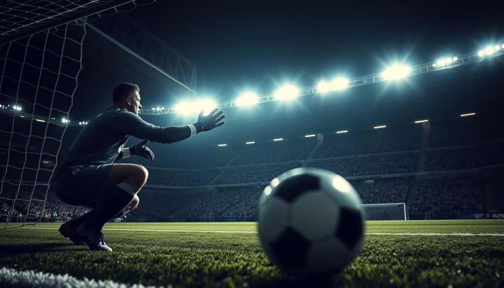 A tense moment on the pitch as a goalkeeper prepares to face a crucial penalty kick. The stadium lights cast dramatic shadows, heightening the drama. The goalkeeper crouches, eyes focused, muscles tensed, ready to spring into action. The striker approaches, the ball a blur as they strike, the goalkeeper leaping, fingertips outstretched, desperate to make the save. The crowd holds its breath, the air thick with anticipation. This is the moment where heroes are made, where dreams are realized or crushed, in the ultimate test of skill and nerve.
