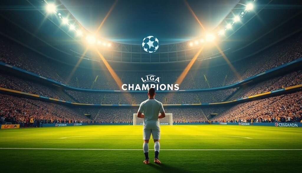 A towering European football stadium, its grand archways and majestic floodlights illuminating the lush, verdant pitch. In the foreground, a lone footballer, his gaze fixed on the distant goal, shoulders squared with determination. The crowd's roar echoes through the air, a palpable energy of triumph and victory. Beams of golden light filter through the stadium's open-air design, casting a warm, dramatic glow across the scene. The Liga Champions emblem stands proudly, a symbol of the highest echelons of the sport, a dream within reach for this solitary player on the cusp of greatness.