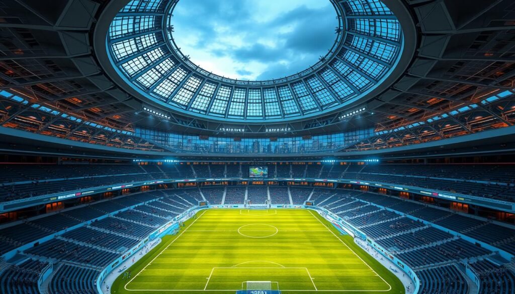 A vast, futuristic stadium with a sleek, interconnected design. The structure is a harmonious blend of glass, steel, and LED panels, creating an immersive, high-tech atmosphere. The retractable roof opens to reveal a breathtaking panoramic view of a bustling city skyline, illuminated by the glow of skyscrapers and neon lights. Cutting-edge sensors and cameras are seamlessly integrated into the architecture, monitoring every aspect of the game and relaying real-time data to the control center. The playing field is a vibrant, verdant surface, ready to host the world's finest athletes in a display of unparalleled athleticism and technological innovation.