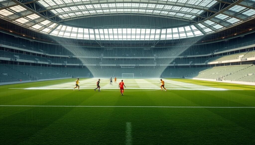 A vast indoor stadium, bathed in gentle natural light filtering through a curved glass ceiling. The ground is covered in a lush, emerald-green artificial turf, meticulously maintained. In the center, a high-tech "rain room" system is activated, creating a controlled, uniform downpour that gently falls upon the field, simulating real-world weather conditions. Players in colorful uniforms move gracefully through the simulated rain, their movements unhindered as they pass, shoot, and defend, showcasing the capabilities of this revolutionary sports technology. The atmosphere is serene, yet energetic, as the game unfolds seamlessly despite the simulated inclement weather, demonstrating the potential of this innovative "rain room" solution to enable uninterrupted play in any weather. A vast indoor stadium, bathed in gentle natural light filtering through a curved glass ceiling. The ground is covered in a lush, emerald-green artificial turf, meticulously maintained. In the center, a high-tech "rain room" system is activated, creating a controlled, uniform downpour that gently falls upon the field, simulating real-world weather conditions. Players in colorful uniforms move gracefully through the simulated rain, their movements unhindered as they pass, shoot, and defend, showcasing the capabilities of this revolutionary sports technology. The atmosphere is serene, yet energetic, as the game unfolds seamlessly despite the simulated inclement weather, demonstrating the potential of this innovative "rain room" solution to enable uninterrupted play in any weather.