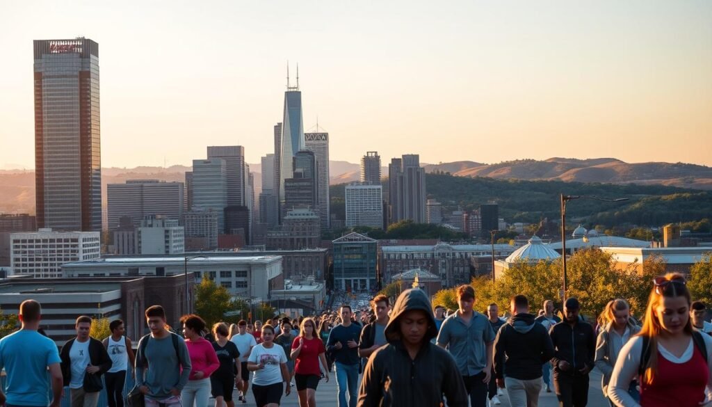 A vibrant cityscape of New Jersey, captured under a warm, golden hour glow. In the foreground, the iconic skyline of Jersey City stands tall, its modern glass towers reflecting the setting sun. In the middle ground, a bustling urban streetscape, with people going about their daily lives, adorned in a mix of casual and athletic wear. In the background, the rolling hills and lush greenery of the Garden State provide a natural counterpoint to the urban landscape. The overall mood is one of energy, progress, and a sense of cultural identity, capturing the dynamic essence of this evolving region.