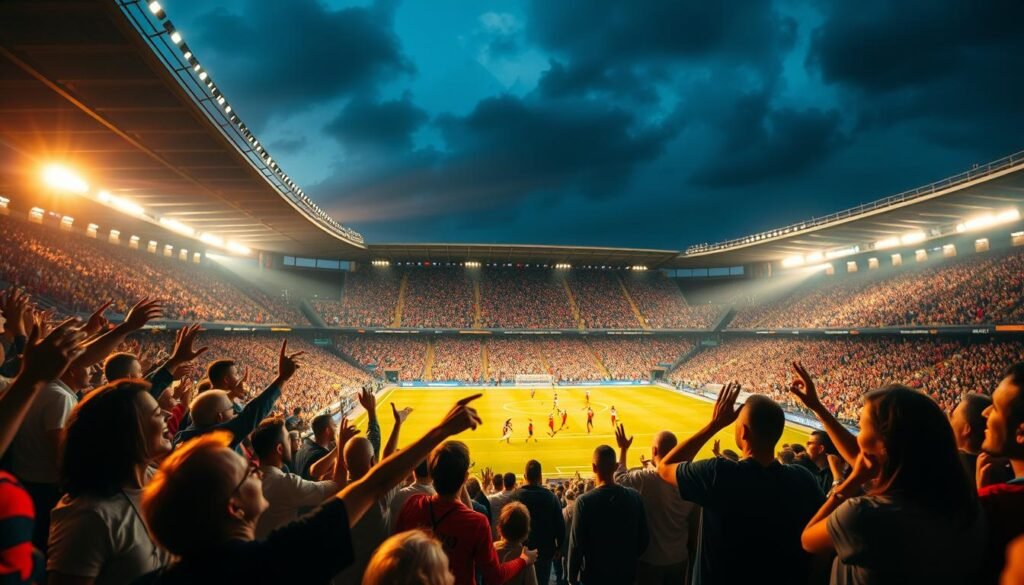 A vibrant stadium scene showcasing the dynamic experience of watching a football match. In the foreground, fans are engrossed, their faces alight with excitement as they cheer and celebrate. The middle ground depicts the players on the field, their movements captured in a blur of motion, the action unfolding with precision. In the background, the stadium's grand architecture rises, its towering stands casting dramatic shadows that create a sense of depth and scale. The lighting is warm and cinematic, highlighting the energy and intensity of the moment. The overall composition conveys the thrill, camaraderie, and immersive nature of the live football viewing experience.