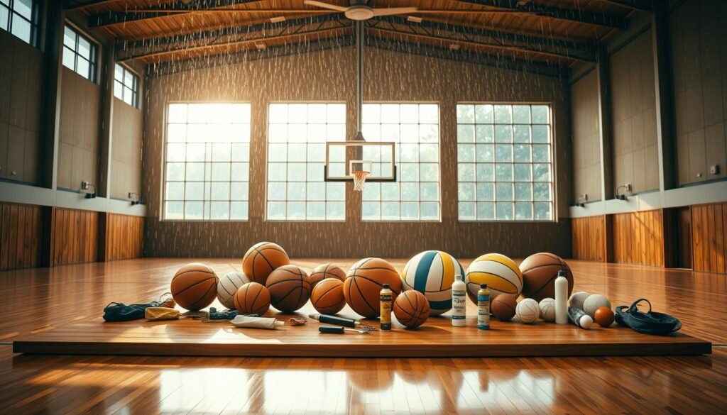 A well-lit indoor sports facility, with a polished hardwood floor and high ceilings. Raindrops patter gently on the large windows, casting a serene, contemplative atmosphere. In the center, a collection of sports equipment - basketballs, volleyballs, and other gear - are neatly arranged on a wooden bench, undergoing careful maintenance and inspection. Specialized cleaning tools and lubricants are laid out, suggesting a meticulous process of preserving the equipment for optimal performance, even in the face of inclement weather. The lighting is warm and diffused, highlighting the texture and craftsmanship of the materials, creating a sense of reverence for the importance of maintaining these essential athletic tools. A well-lit indoor sports facility, with a polished hardwood floor and high ceilings. Raindrops patter gently on the large windows, casting a serene, contemplative atmosphere. In the center, a collection of sports equipment - basketballs, volleyballs, and other gear - are neatly arranged on a wooden bench, undergoing careful maintenance and inspection. Specialized cleaning tools and lubricants are laid out, suggesting a meticulous process of preserving the equipment for optimal performance, even in the face of inclement weather. The lighting is warm and diffused, highlighting the texture and craftsmanship of the materials, creating a sense of reverence for the importance of maintaining these essential athletic tools.