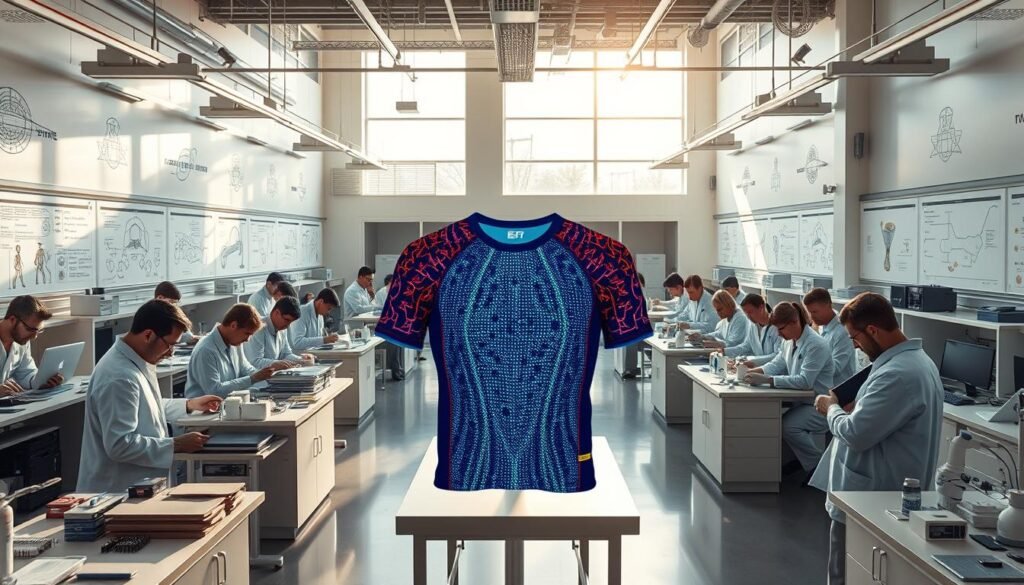 An expansive research laboratory, filled with bustling activity. Rows of engineers and scientists meticulously examining prototypes, their faces etched with concentration. Intricate diagrams and schematics adorn the walls, mapping the journey from innovation to real-world application. At the center, a grand display showcases the culmination of their efforts - a smart jersey, its fabric woven with advanced sensors that monitor muscle movements in real-time. Sunlight filters through floor-to-ceiling windows, casting a warm, inviting glow over the scene. The atmosphere radiates a sense of progress and possibility, as the team moves steadily towards the implementation of their groundbreaking technology.