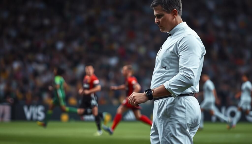 An imposing figure in a crisp white uniform, the referee stands tall and authoritative on the pitch. Their face is obscured, casting a shadow over their features, reflecting the weight of their responsibilities. Surroundedby a haze of motion, the players dart across the field, their movements captured in a blur of color and energy. In the foreground, the referee's hand hovers over their wristwatch, ready to make the crucial call that could decide the outcome of the game. The scene exudes an atmosphere of tension and anticipation, highlighting the pivotal role of the referee in the fast-paced, high-stakes world of modern soccer.