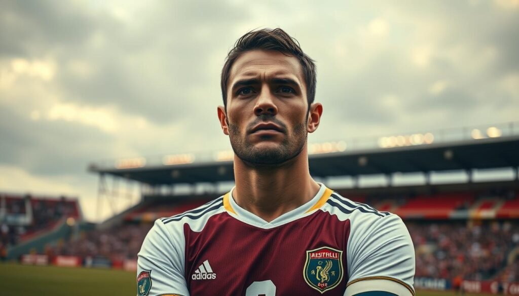 a serious and determined-looking professional soccer player standing on a soccer field, wearing a uniform with the jersey number "2" and a captain's armband, with a close-up of their face showing a determined expression, the player's face and upper body in the foreground, a blurred soccer field in the middle ground, and a cloudy sky in the background, with warm lighting and a dramatic, inspiring mood, shot with a medium-length lens and a shallow depth of field to focus attention on the player's face