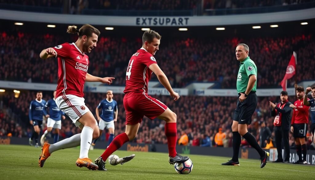 A dramatic soccer scene set in a stadium during a tense Premier League match, focusing on a critical moment of a controversial tackle involving Van Dijk against an Everton player. In the foreground, capture Van Dijk in mid-tackle, wearing his Liverpool kit, showing determination and precision; the Everton player reacts in surprise, showcasing a dynamic expression. In the middle ground, teammates and opponents observe, their faces reflecting a mix of concern and anticipation, while the referee stands with an authoritative posture, ready to make a call. The background features a packed stadium with fans on the edge of their seats, some waving flags, all illuminated by dynamic stadium lights, creating a vivid and intense atmosphere of anticipation and drama. Use a low angle to emphasize the players' actions and evoke a sense of urgency.