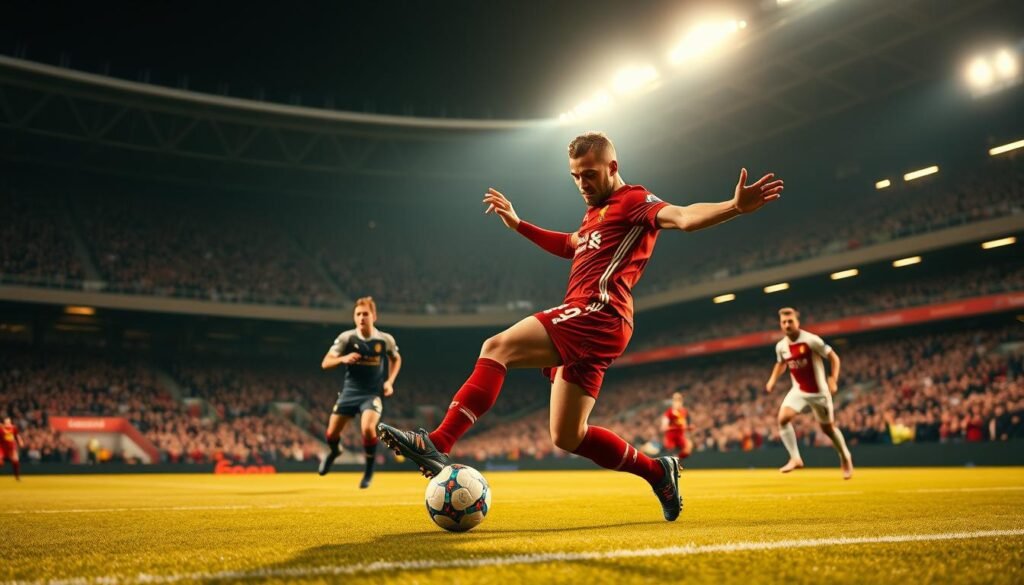 A dynamic scene capturing Virgil van Dijk executing a perfect tackle on a football field, showcasing his poised stance and agility. In the foreground, van Dijk is in mid-action, wearing a Liverpool FC kit, focused and determined, embodying his renowned tackling technique with precision. His body is slightly angled, demonstrating excellent balance as he successfully intercepts the ball. The middle ground features an opponent in a contrasting jersey, attempting to evade him, enhancing the sense of motion. In the background, a vibrant stadium filled with cheering fans under bright floodlights creates an electric atmosphere. The image should be warm and lively, with a low-angle perspective that highlights the power and skill of the moment, conveying excitement and athleticism.