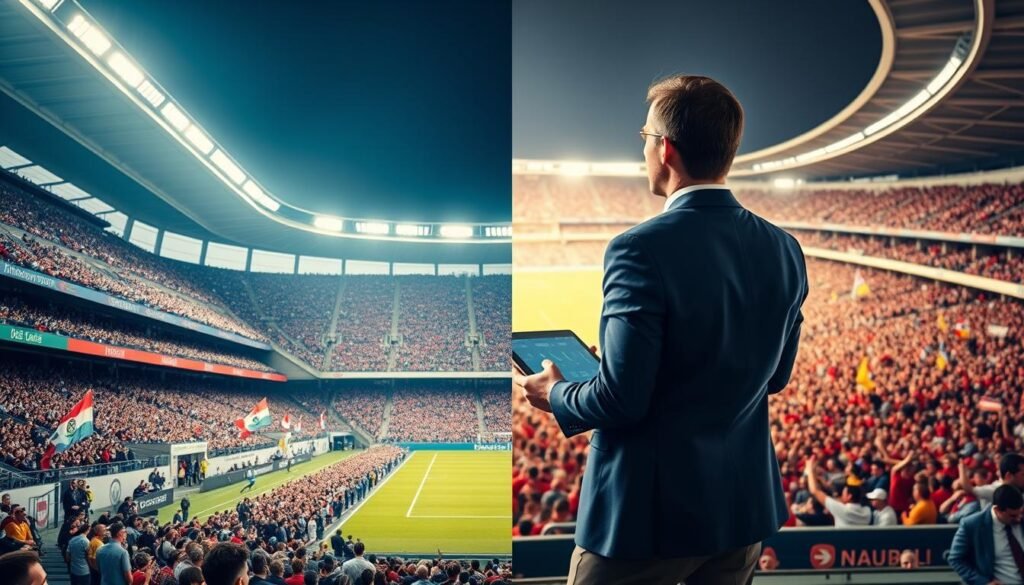 A split image showcasing two football stadiums during a match, illustrating the differences in attendance: on the left, a vibrant stadium filled with 50,000 enthusiastic fans, creating an energetic atmosphere with colorful flags and banners, while on the right, a lively stadium bursting with 75,000 supporters, amplifying the excitement. In the foreground, a sports analyst in professional business attire stands with a tablet, analyzing data on fan engagement, with graphs and stats visually enhancing the scene. The background features dynamic lighting highlighting the stadium's architecture, capturing the essence of the game day ambiance. The focus is on the contrast in crowd sizes and their subtle impact on the game, evoking curiosity and surprise in the viewer.
