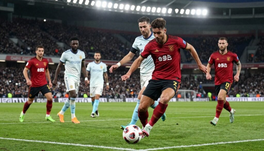 A vibrant football scene capturing effective ball control in a match. In the foreground, a player, dressed in a professional football kit, expertly dribbles the ball with focused determination, showcasing skill and precision. In the middle ground, teammates dynamically position themselves, demonstrating strategic passing options, while an opposing player attempts to intercept. The background reveals a filled stadium under bright stadium lights, generating an electrifying atmosphere. The angle is slightly low, emphasizing the players' movements and the intensity of the game. The mood is energetic and competitive, embodying the thrill of football as a blend of strategy and skill. The image is devoid of any text or logos, allowing the scene to stand out vividly.